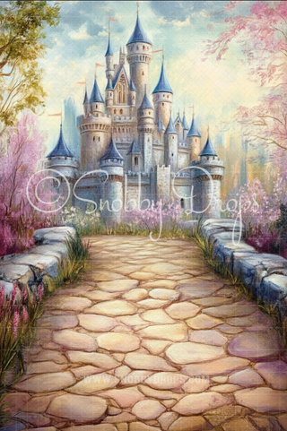 Painterly Princess Castle Fabric Backdrop Sweep-Fabric Photography Sweep-Snobby Drops Fabric Backdrops for Photography, Exclusive Designs by Tara Mapes Photography, Enchanted Eye Creations by Tara Mapes, photography backgrounds, photography backdrops, fast shipping, US backdrops, cheap photography backdrops