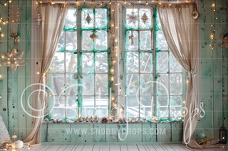 Pale Green Christmas Window Fabric Backdrop-Fabric Photography Backdrop-Snobby Drops Fabric Backdrops for Photography, Exclusive Designs by Tara Mapes Photography, Enchanted Eye Creations by Tara Mapes, photography backgrounds, photography backdrops, fast shipping, US backdrops, cheap photography backdrops
