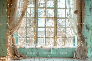 Pale Green & Gold Christmas Window Fabric Backdrop-Fabric Photography Backdrop-Snobby Drops Fabric Backdrops for Photography, Exclusive Designs by Tara Mapes Photography, Enchanted Eye Creations by Tara Mapes, photography backgrounds, photography backdrops, fast shipping, US backdrops, cheap photography backdrops