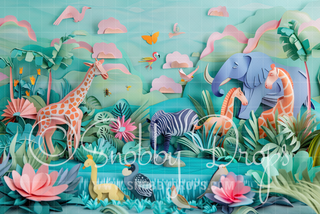 Paper Art Animals Safari Backdrop-Fabric Photography Backdrop-Snobby Drops Fabric Backdrops for Photography, Exclusive Designs by Tara Mapes Photography, Enchanted Eye Creations by Tara Mapes, photography backgrounds, photography backdrops, fast shipping, US backdrops, cheap photography backdrops