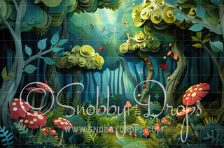 Paper Art Enchanted Forest with Mushrooms Fabric Backdrop-Fabric Photography Backdrop-Snobby Drops Fabric Backdrops for Photography, Exclusive Designs by Tara Mapes Photography, Enchanted Eye Creations by Tara Mapes, photography backgrounds, photography backdrops, fast shipping, US backdrops, cheap photography backdrops