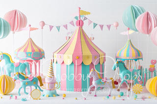 Paper Art Pastel Circus Carousel on White Fabric Backdrop-Fabric Photography Backdrop-Snobby Drops Fabric Backdrops for Photography, Exclusive Designs by Tara Mapes Photography, Enchanted Eye Creations by Tara Mapes, photography backgrounds, photography backdrops, fast shipping, US backdrops, cheap photography backdrops