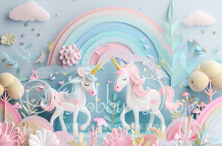 Paper Art Pastel Unicorns Dancing Fabric Backdrop-Fabric Photography Backdrop-Snobby Drops Fabric Backdrops for Photography, Exclusive Designs by Tara Mapes Photography, Enchanted Eye Creations by Tara Mapes, photography backgrounds, photography backdrops, fast shipping, US backdrops, cheap photography backdrops
