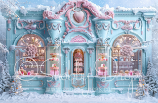 Pastel Blue and Pink Candy Christmas Shop Fabric Backdrop-Fabric Photography Backdrop-Snobby Drops Fabric Backdrops for Photography, Exclusive Designs by Tara Mapes Photography, Enchanted Eye Creations by Tara Mapes, photography backgrounds, photography backdrops, fast shipping, US backdrops, cheap photography backdrops