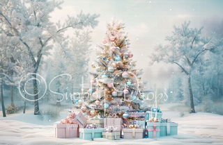 Pastel Christmas Tree with Gifts Fabric Backdrop-Fabric Photography Backdrop-Snobby Drops Fabric Backdrops for Photography, Exclusive Designs by Tara Mapes Photography, Enchanted Eye Creations by Tara Mapes, photography backgrounds, photography backdrops, fast shipping, US backdrops, cheap photography backdrops