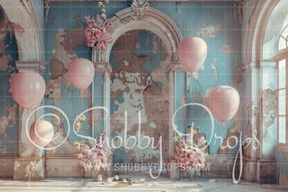 Pastel Grunge Room with Balloons Fabric Backdrop-Fabric Photography Backdrop-Snobby Drops Fabric Backdrops for Photography, Exclusive Designs by Tara Mapes Photography, Enchanted Eye Creations by Tara Mapes, photography backgrounds, photography backdrops, fast shipping, US backdrops, cheap photography backdrops