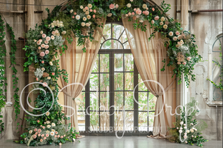 Peach and Beige Curtains and Flowers Fine Art Fabric Backdrop-Fabric Photography Backdrop-Snobby Drops Fabric Backdrops for Photography, Exclusive Designs by Tara Mapes Photography, Enchanted Eye Creations by Tara Mapes, photography backgrounds, photography backdrops, fast shipping, US backdrops, cheap photography backdrops