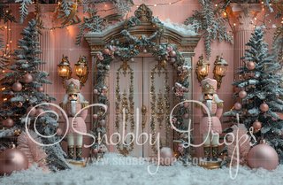Pink and Gold Christmas with Nutcrackers Fabric Backdrop-Fabric Photography Backdrop-Snobby Drops Fabric Backdrops for Photography, Exclusive Designs by Tara Mapes Photography, Enchanted Eye Creations by Tara Mapes, photography backgrounds, photography backdrops, fast shipping, US backdrops, cheap photography backdrops