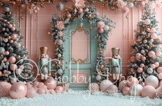Pink and Green Christmas Door with Nutcrackers Fabric Backdrop-Fabric Photography Backdrop-Snobby Drops Fabric Backdrops for Photography, Exclusive Designs by Tara Mapes Photography, Enchanted Eye Creations by Tara Mapes, photography backgrounds, photography backdrops, fast shipping, US backdrops, cheap photography backdrops