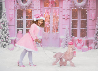 Pink Bows and Lights Dollhouse Christmas Shop Fabric Backdrop-Fabric Photography Backdrop-Snobby Drops Fabric Backdrops for Photography, Exclusive Designs by Tara Mapes Photography, Enchanted Eye Creations by Tara Mapes, photography backgrounds, photography backdrops, fast shipping, US backdrops, cheap photography backdrops