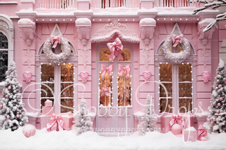 Pink Bows and Lights Dollhouse Christmas Shop Fabric Backdrop-Fabric Photography Backdrop-Snobby Drops Fabric Backdrops for Photography, Exclusive Designs by Tara Mapes Photography, Enchanted Eye Creations by Tara Mapes, photography backgrounds, photography backdrops, fast shipping, US backdrops, cheap photography backdrops
