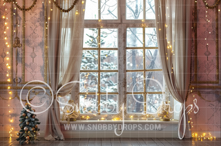 Pink & Gold Christmas Window Fabric Backdrop-Fabric Photography Backdrop-Snobby Drops Fabric Backdrops for Photography, Exclusive Designs by Tara Mapes Photography, Enchanted Eye Creations by Tara Mapes, photography backgrounds, photography backdrops, fast shipping, US backdrops, cheap photography backdrops