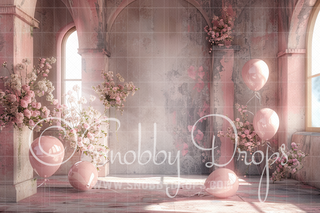 Pink Grunge Flower Room with Balloons Fabric Backdrop-Fabric Photography Backdrop-Snobby Drops Fabric Backdrops for Photography, Exclusive Designs by Tara Mapes Photography, Enchanted Eye Creations by Tara Mapes, photography backgrounds, photography backdrops, fast shipping, US backdrops, cheap photography backdrops