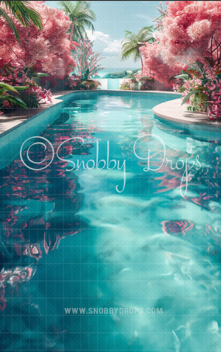 PINK POOL DREAMHOUSE FABRIC BACKDROP SWEEP-Fabric Photography Sweep-Snobby Drops Fabric Backdrops for Photography, Exclusive Designs by Tara Mapes Photography, Enchanted Eye Creations by Tara Mapes, photography backgrounds, photography backdrops, fast shipping, US backdrops, cheap photography backdrops