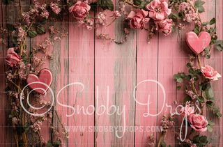 Pink Roses and Hearts on Wood Valentine Fabric Backdrop-Fabric Photography Backdrop-Snobby Drops Fabric Backdrops for Photography, Exclusive Designs by Tara Mapes Photography, Enchanted Eye Creations by Tara Mapes, photography backgrounds, photography backdrops, fast shipping, US backdrops, cheap photography backdrops