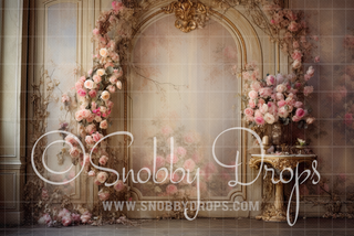 Pink Roses Renaissance Room Fine Art Fabric Backdrop-Fabric Photography Backdrop-Snobby Drops Fabric Backdrops for Photography, Exclusive Designs by Tara Mapes Photography, Enchanted Eye Creations by Tara Mapes, photography backgrounds, photography backdrops, fast shipping, US backdrops, cheap photography backdrops