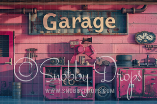 Pink Vintage Girl Workshop Garage Fabric Backdrop-Fabric Photography Backdrop-Snobby Drops Fabric Backdrops for Photography, Exclusive Designs by Tara Mapes Photography, Enchanted Eye Creations by Tara Mapes, photography backgrounds, photography backdrops, fast shipping, US backdrops, cheap photography backdrops