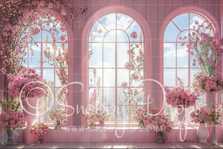 Pink Window with Flowers Fabric Photography Backdrop-Fabric Photography Backdrop-Snobby Drops Fabric Backdrops for Photography, Exclusive Designs by Tara Mapes Photography, Enchanted Eye Creations by Tara Mapes, photography backgrounds, photography backdrops, fast shipping, US backdrops, cheap photography backdrops