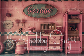 Pink Workshop Garage Fabric Backdrop-Fabric Photography Backdrop-Snobby Drops Fabric Backdrops for Photography, Exclusive Designs by Tara Mapes Photography, Enchanted Eye Creations by Tara Mapes, photography backgrounds, photography backdrops, fast shipping, US backdrops, cheap photography backdrops