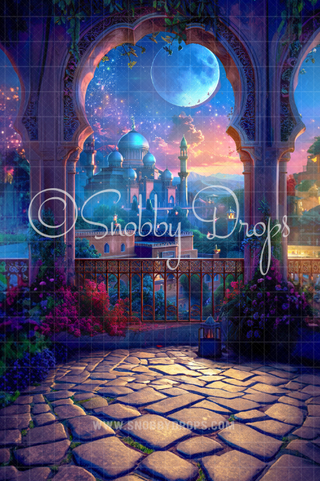 Princess Balcony Overlooking Arabian Palace Fabric Backdrop Sweep-Fabric Photography Sweep-Snobby Drops Fabric Backdrops for Photography, Exclusive Designs by Tara Mapes Photography, Enchanted Eye Creations by Tara Mapes, photography backgrounds, photography backdrops, fast shipping, US backdrops, cheap photography backdrops