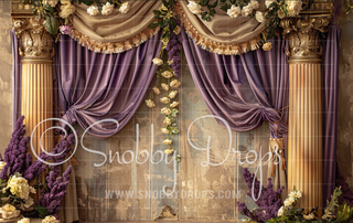 Purple Curtains and Flowers Fine Art Fabric Backdrop-Fabric Photography Backdrop-Snobby Drops Fabric Backdrops for Photography, Exclusive Designs by Tara Mapes Photography, Enchanted Eye Creations by Tara Mapes, photography backgrounds, photography backdrops, fast shipping, US backdrops, cheap photography backdrops