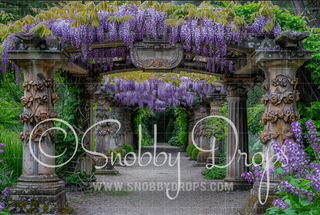 Purple Wisteria Garden Stone Arch Fabric Backdrop-Fabric Photography Backdrop-Snobby Drops Fabric Backdrops for Photography, Exclusive Designs by Tara Mapes Photography, Enchanted Eye Creations by Tara Mapes, photography backgrounds, photography backdrops, fast shipping, US backdrops, cheap photography backdrops