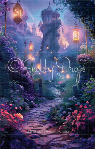 Rapunzel Tower Castle Fabric Backdrop Sweep-Fabric Photography Sweep-Snobby Drops Fabric Backdrops for Photography, Exclusive Designs by Tara Mapes Photography, Enchanted Eye Creations by Tara Mapes, photography backgrounds, photography backdrops, fast shipping, US backdrops, cheap photography backdrops