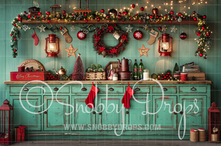 Red and Teal Vintage Christmas Cabinets Fabric Backdrop-Fabric Photography Backdrop-Snobby Drops Fabric Backdrops for Photography, Exclusive Designs by Tara Mapes Photography, Enchanted Eye Creations by Tara Mapes, photography backgrounds, photography backdrops, fast shipping, US backdrops, cheap photography backdrops