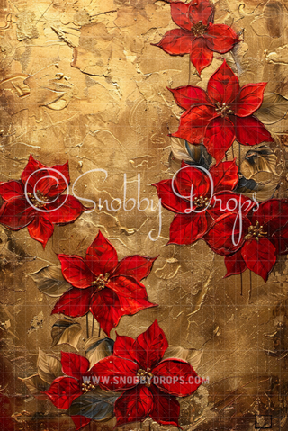 Red Poinsettias and Gold Foil Painterly Fine Art Floral Fabric Backdrop Sweep-Fabric Photography Sweep-Snobby Drops Fabric Backdrops for Photography, Exclusive Designs by Tara Mapes Photography, Enchanted Eye Creations by Tara Mapes, photography backgrounds, photography backdrops, fast shipping, US backdrops, cheap photography backdrops