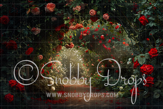 Red Rose Tunnel Forest Path Fabric Backdrop-Fabric Photography Backdrop-Snobby Drops Fabric Backdrops for Photography, Exclusive Designs by Tara Mapes Photography, Enchanted Eye Creations by Tara Mapes, photography backgrounds, photography backdrops, fast shipping, US backdrops, cheap photography backdrops