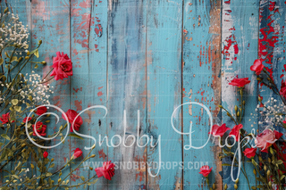 Roses on Blue Fence Fabric Backdrop-Fabric Photography Backdrop-Snobby Drops Fabric Backdrops for Photography, Exclusive Designs by Tara Mapes Photography, Enchanted Eye Creations by Tara Mapes, photography backgrounds, photography backdrops, fast shipping, US backdrops, cheap photography backdrops