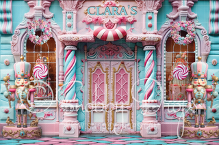 RTS 10x8 Clara's Nutcracker Candy Shop Storefront Fabric Backdrop-Fabric Photography Backdrop-Snobby Drops Fabric Backdrops for Photography, Exclusive Designs by Tara Mapes Photography, Enchanted Eye Creations by Tara Mapes, photography backgrounds, photography backdrops, fast shipping, US backdrops, cheap photography backdrops