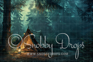 Rustic Campsite Tent in Woods Fabric Backdrop-Fabric Photography Backdrop-Snobby Drops Fabric Backdrops for Photography, Exclusive Designs by Tara Mapes Photography, Enchanted Eye Creations by Tara Mapes, photography backgrounds, photography backdrops, fast shipping, US backdrops, cheap photography backdrops
