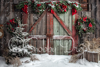 Rustic Christmas Barn Fabric Photography Backdrop-Fabric Photography Backdrop-Snobby Drops Fabric Backdrops for Photography, Exclusive Designs by Tara Mapes Photography, Enchanted Eye Creations by Tara Mapes, photography backgrounds, photography backdrops, fast shipping, US backdrops, cheap photography backdrops