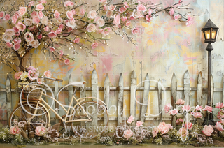 Rustic Fence with Vintage Bicycle Spring Fabric Backdrop-Fabric Photography Backdrop-Snobby Drops Fabric Backdrops for Photography, Exclusive Designs by Tara Mapes Photography, Enchanted Eye Creations by Tara Mapes, photography backgrounds, photography backdrops, fast shipping, US backdrops, cheap photography backdrops