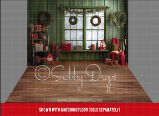 Rustic Green and Red Room Christmas Fabric Photography Backdrop-Fabric Photography Backdrop-Snobby Drops Fabric Backdrops for Photography, Exclusive Designs by Tara Mapes Photography, Enchanted Eye Creations by Tara Mapes, photography backgrounds, photography backdrops, fast shipping, US backdrops, cheap photography backdrops