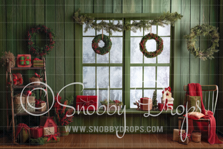 Rustic Green and Red Room Christmas Fabric Photography Backdrop-Fabric Photography Backdrop-Snobby Drops Fabric Backdrops for Photography, Exclusive Designs by Tara Mapes Photography, Enchanted Eye Creations by Tara Mapes, photography backgrounds, photography backdrops, fast shipping, US backdrops, cheap photography backdrops