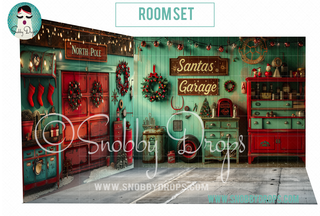Santa's Garage Christmas 3 Piece Room Set-Photography Backdrop 3P Room Set-Snobby Drops Fabric Backdrops for Photography, Exclusive Designs by Tara Mapes Photography, Enchanted Eye Creations by Tara Mapes, photography backgrounds, photography backdrops, fast shipping, US backdrops, cheap photography backdrops