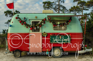 Santa's Vintage Beach Christmas Camper Fabric Backdrop-Fabric Photography Backdrop-Snobby Drops Fabric Backdrops for Photography, Exclusive Designs by Tara Mapes Photography, Enchanted Eye Creations by Tara Mapes, photography backgrounds, photography backdrops, fast shipping, US backdrops, cheap photography backdrops