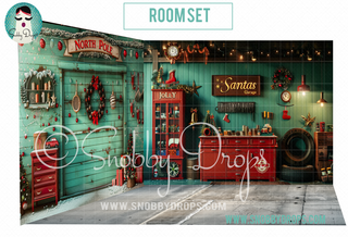 Santa's Workshop Garage Christmas 3 Piece Room Set-Photography Backdrop 3P Room Set-Snobby Drops Fabric Backdrops for Photography, Exclusive Designs by Tara Mapes Photography, Enchanted Eye Creations by Tara Mapes, photography backgrounds, photography backdrops, fast shipping, US backdrops, cheap photography backdrops