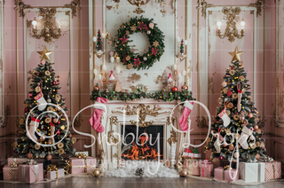 Shabby Chic Pink Christmas Fireplace Fabric Backdrop-Fabric Photography Backdrop-Snobby Drops Fabric Backdrops for Photography, Exclusive Designs by Tara Mapes Photography, Enchanted Eye Creations by Tara Mapes, photography backgrounds, photography backdrops, fast shipping, US backdrops, cheap photography backdrops