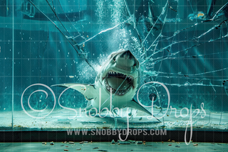 Shark Breaking Aquarium Glass- Shark Fabric Backdrop-Fabric Photography Backdrop-Snobby Drops Fabric Backdrops for Photography, Exclusive Designs by Tara Mapes Photography, Enchanted Eye Creations by Tara Mapes, photography backgrounds, photography backdrops, fast shipping, US backdrops, cheap photography backdrops