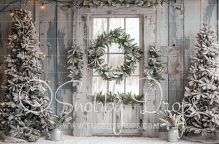 Soft White and Gray Christmas Barn Door Fabric Backdrop-Fabric Photography Backdrop-Snobby Drops Fabric Backdrops for Photography, Exclusive Designs by Tara Mapes Photography, Enchanted Eye Creations by Tara Mapes, photography backgrounds, photography backdrops, fast shipping, US backdrops, cheap photography backdrops