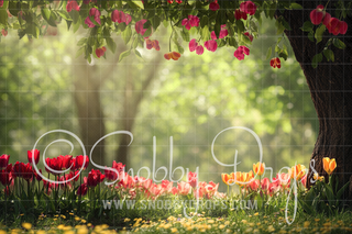 Spring Tree with Flowers Fabric Backdrop-Fabric Photography Backdrop-Snobby Drops Fabric Backdrops for Photography, Exclusive Designs by Tara Mapes Photography, Enchanted Eye Creations by Tara Mapes, photography backgrounds, photography backdrops, fast shipping, US backdrops, cheap photography backdrops