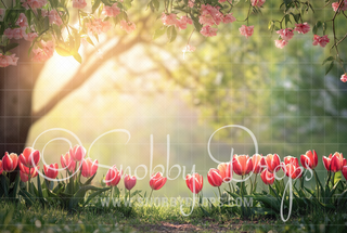 Spring Tree with Tulips Fabric Backdrop-Fabric Photography Backdrop-Snobby Drops Fabric Backdrops for Photography, Exclusive Designs by Tara Mapes Photography, Enchanted Eye Creations by Tara Mapes, photography backgrounds, photography backdrops, fast shipping, US backdrops, cheap photography backdrops