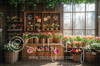 Spring Tulip Shop Fabric Backdrop-Fabric Photography Backdrop-Snobby Drops Fabric Backdrops for Photography, Exclusive Designs by Tara Mapes Photography, Enchanted Eye Creations by Tara Mapes, photography backgrounds, photography backdrops, fast shipping, US backdrops, cheap photography backdrops