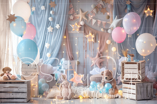 Stars and Balloons Cake Smash Fabric Photography Backdrop-Fabric Photography Backdrop-Snobby Drops Fabric Backdrops for Photography, Exclusive Designs by Tara Mapes Photography, Enchanted Eye Creations by Tara Mapes, photography backgrounds, photography backdrops, fast shipping, US backdrops, cheap photography backdrops