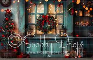 Teal and Red Christmas Window Fabric Backdrop-Fabric Photography Backdrop-Snobby Drops Fabric Backdrops for Photography, Exclusive Designs by Tara Mapes Photography, Enchanted Eye Creations by Tara Mapes, photography backgrounds, photography backdrops, fast shipping, US backdrops, cheap photography backdrops