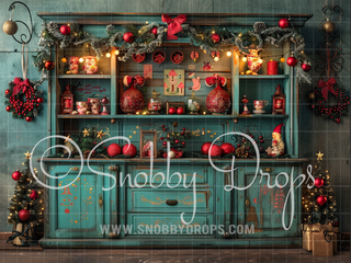 Teal Cabinet with Red Accents Christmas Cabinets Fabric Backdrop-Fabric Photography Backdrop-Snobby Drops Fabric Backdrops for Photography, Exclusive Designs by Tara Mapes Photography, Enchanted Eye Creations by Tara Mapes, photography backgrounds, photography backdrops, fast shipping, US backdrops, cheap photography backdrops