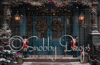 Teal Christmas Door with Nutcrackers Fabric Backdrop-Fabric Photography Backdrop-Snobby Drops Fabric Backdrops for Photography, Exclusive Designs by Tara Mapes Photography, Enchanted Eye Creations by Tara Mapes, photography backgrounds, photography backdrops, fast shipping, US backdrops, cheap photography backdrops